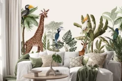Naklejka: Tropikalna dżungla z żyrafą, papugami i małpami