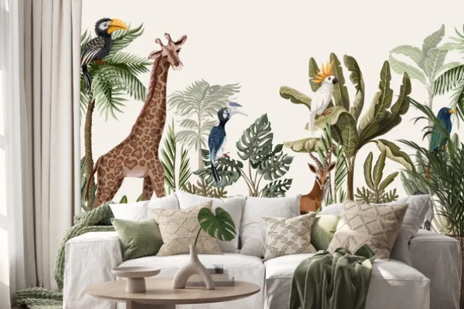 Naklejka: Tropikalna dżungla z żyrafą, papugami i małpami