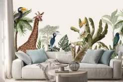 Naklejka: Tropikalna dżungla z żyrafą, papugami i małpami