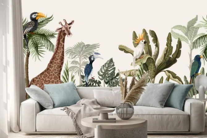 Naklejka: Tropikalna dżungla z żyrafą, papugami i małpami
