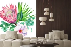 Naklejka: Tropikalna kompozycja kwiatowa na białym tle