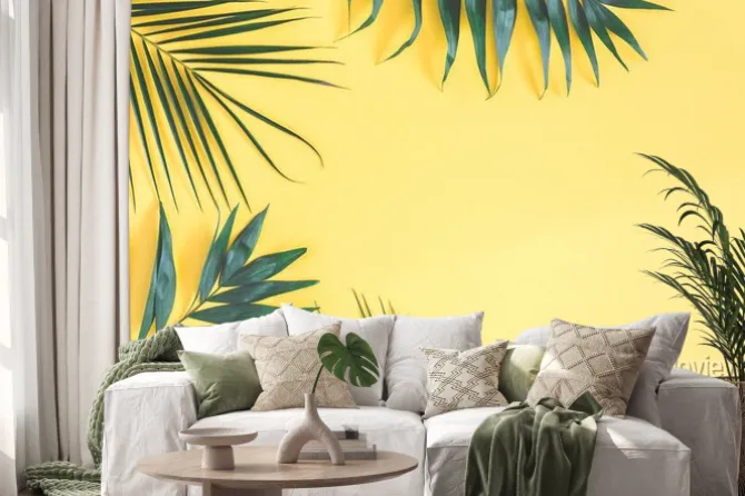 Naklejka: Tropikalna palma opuszcza na żółtym tle. koncepcja lato. płaskie