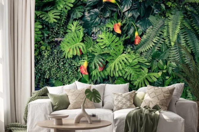 Naklejka: Tropikalne czerwone kwiaty w dżungli