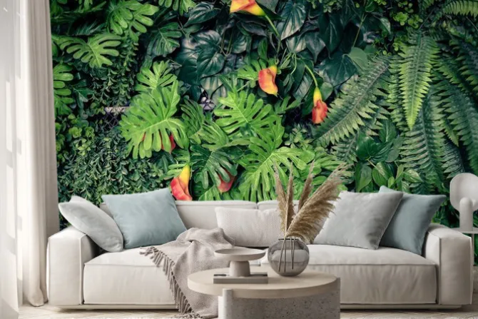 Naklejka: Tropikalne czerwone kwiaty w dżungli