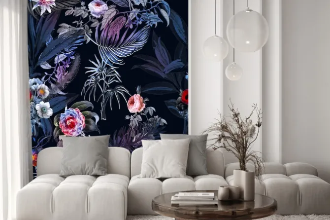 Naklejka: Tropikalne kwiaty malowane akwarelą na ciemnym tle