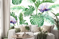 Naklejka: Tropikalne liście z fioletowymi kwiatami