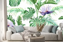 Naklejka: Tropikalne liście z fioletowymi kwiatami