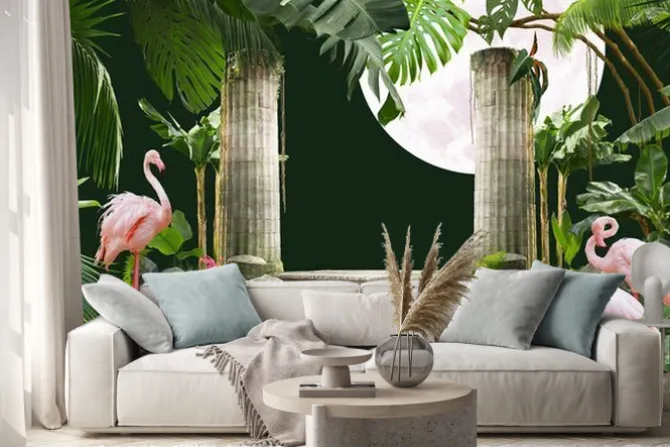 Naklejka: Tropikalne palmy flamingi schody i kolumny