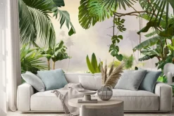 Naklejka: Tropikalne rośliny i czerwony kwiat w dżungli