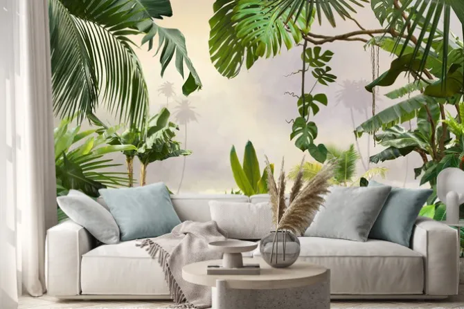 Naklejka: Tropikalne rośliny i czerwony kwiat w dżungli