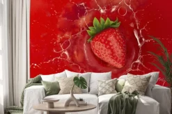 Naklejka: Truskawki powitalny w czerwonej cieczy soku