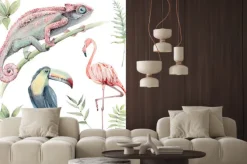 Naklejka: Tukan kameleon i flaming na akwareli