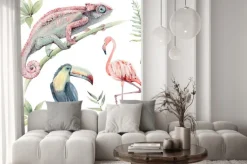 Naklejka: Tukan kameleon i flaming na akwareli