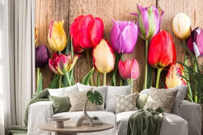 Naklejka: Tulipany położone na deskach