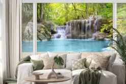 Naklejka: Turkusowy wodospad w lesie widok z okna