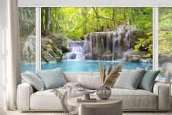 Naklejka: Turkusowy wodospad w lesie widok z okna