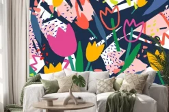 Naklejka: Twórczy poziomy tło z kwiatów tulipanów i kolorowe abstrakcyjne