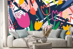 Naklejka: Twórczy poziomy tło z kwiatów tulipanów i kolorowe abstrakcyjne