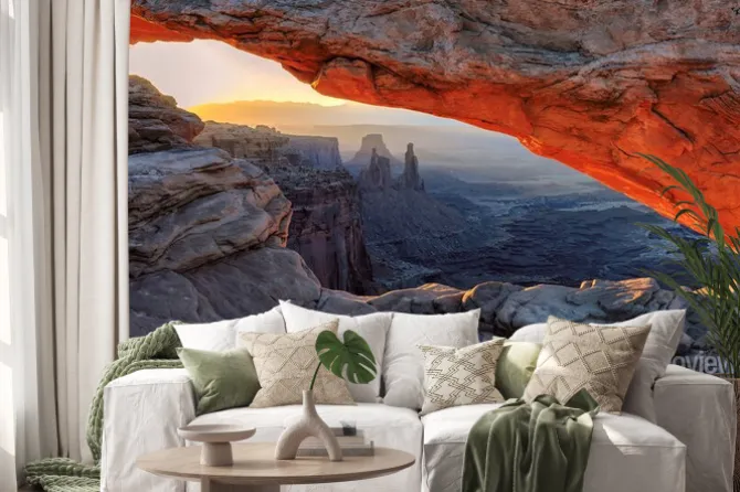 Naklejka: Żółty wschód słońca na czerwono mesa arch w canyonlands national