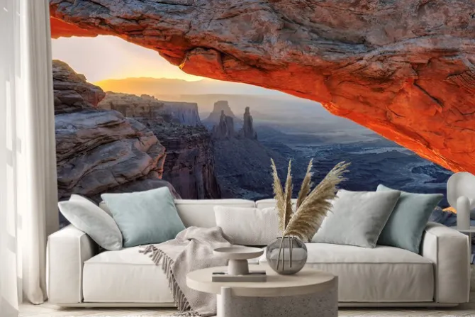 Naklejka: Żółty wschód słońca na czerwono mesa arch w canyonlands national