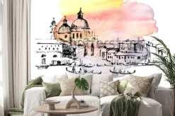 Naklejka: Ulicy w wenecja z gondolą, włochy. ręcznie rysowane szkic na