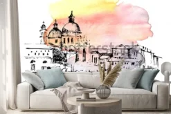 Naklejka: Ulicy w wenecja z gondolą, włochy. ręcznie rysowane szkic na