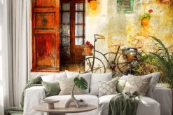 Naklejka: Urocza ulica w miejscowości valdemossa ze starym rowerze