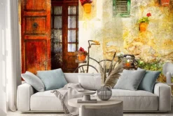 Naklejka: Urocza ulica w miejscowości valdemossa ze starym rowerze