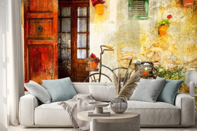 Naklejka: Urocza ulica w miejscowości valdemossa ze starym rowerze