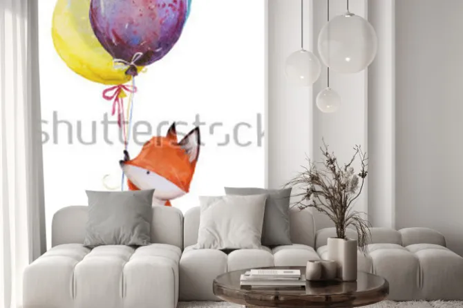 Naklejka: Uroczy lisek unoszony przez balony