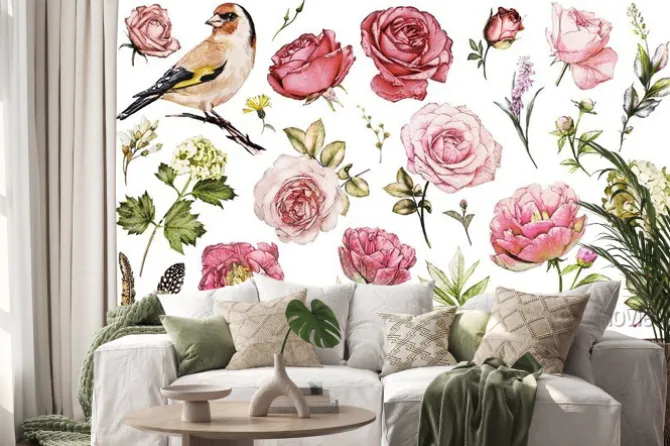 Naklejka: Ustaw elementy akwarela kwiat róży, piwonie, hortensja, ogród