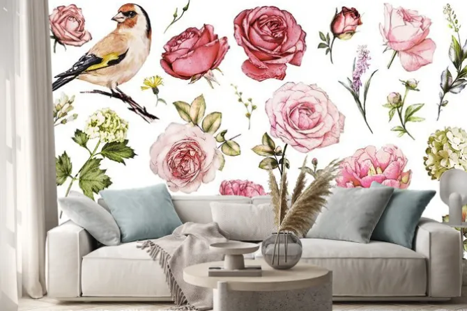 Naklejka: Ustaw elementy akwarela kwiat róży, piwonie, hortensja, ogród