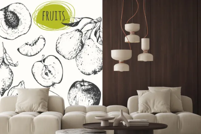 Naklejka: Ustaw ręcznie rysowane jabłka, cytryny, gruszki, brzoskwini.