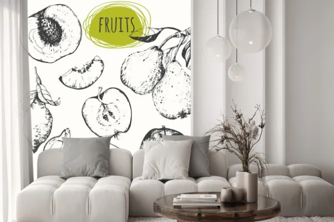 Naklejka: Ustaw ręcznie rysowane jabłka, cytryny, gruszki, brzoskwini.