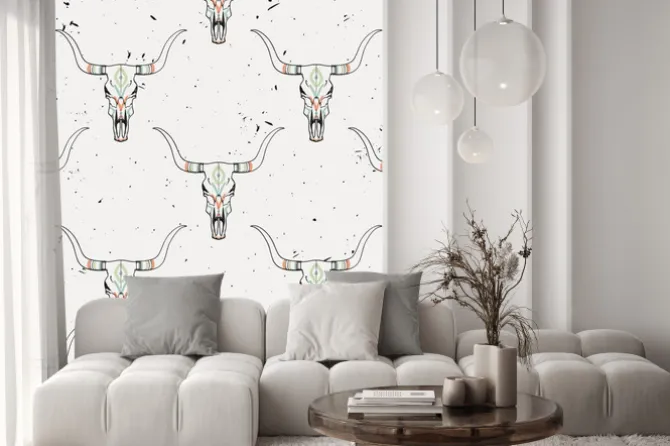 Naklejka: Vector grunge szwu z byka czaszki i etniczne ornament