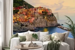 Naklejka: Village of manarola, italy on the cinque terre coast at sunset