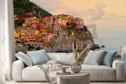 Naklejka: Village of manarola, italy on the cinque terre coast at sunset