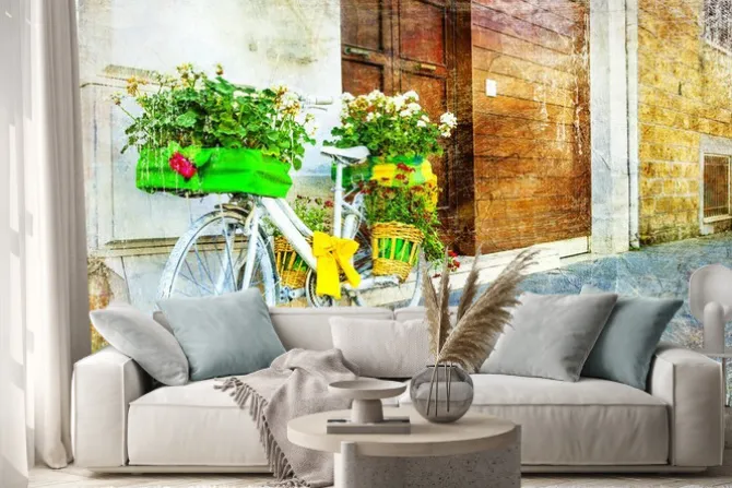 Naklejka: Vintage kwiatowy rowerów - urokliwej ulicy dekoracji