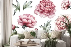 Naklejka: Vintage zestaw elementów akwarela różowe piwonie, kolekcja ogrodowych