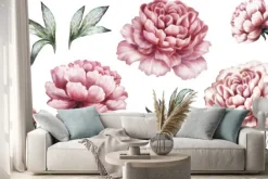 Naklejka: Vintage zestaw elementów akwarela różowe piwonie, kolekcja ogrodowych