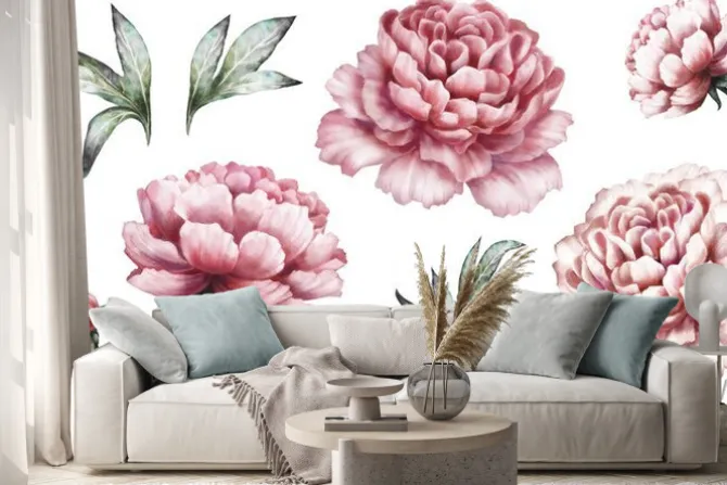 Naklejka: Vintage zestaw elementów akwarela różowe piwonie, kolekcja ogrodowych