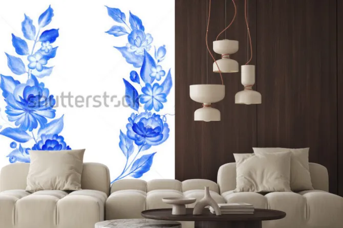 Naklejka: Watercolor blue flowers in gzhel style.floral background.