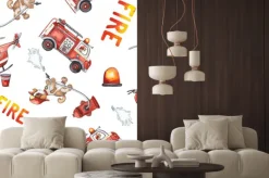 Naklejka: Watercolor cartoon cute seamless pattern firefighting and fire