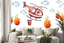 Naklejka: Watercolor cartoon cute seamless border firefighting and fire