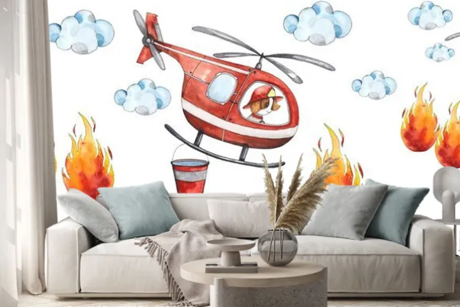 Naklejka: Watercolor cartoon cute seamless border firefighting and fire