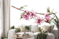 Naklejka: Watercolor cherry blossom. hand painted flowers, leaves and branch