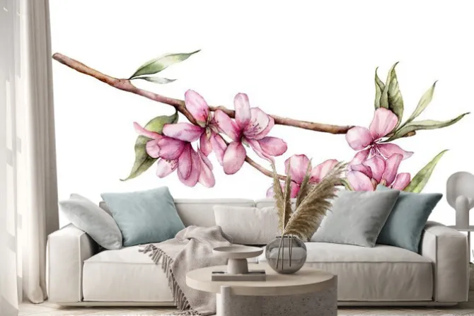 Naklejka: Watercolor cherry blossom. hand painted flowers, leaves and branch