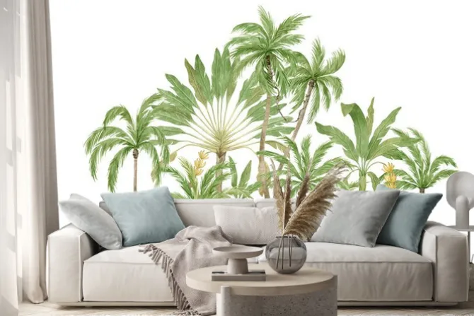 Naklejka: Watercolor compositions with palm trees, coconut and banana palm,