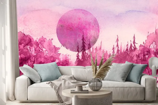 Naklejka: Watercolor drawing, illustration. forest landscape, fir, pine,