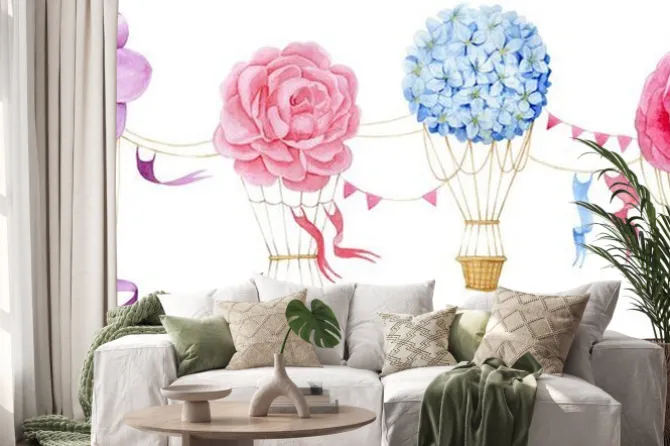 Naklejka: Watercolor drawing set of balloons with flowers, border, print.